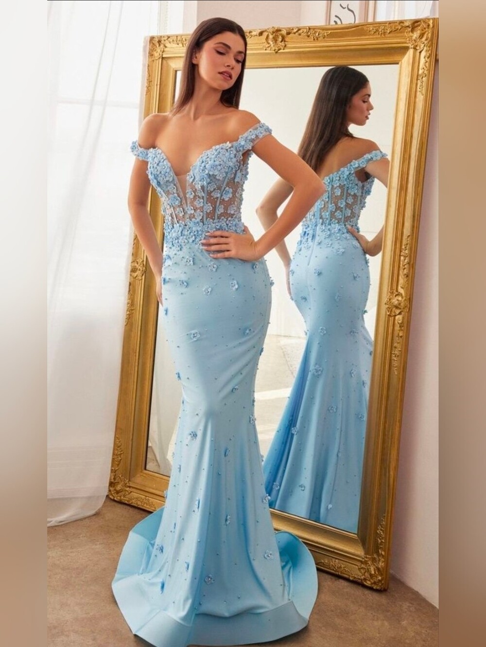 Elegant Light Blue Off-Shoulder Embellished Evening Dress